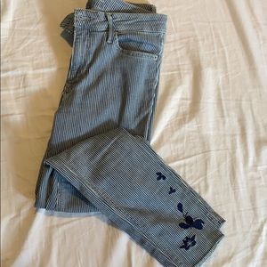 Striped Embroidered Ankle Jeans